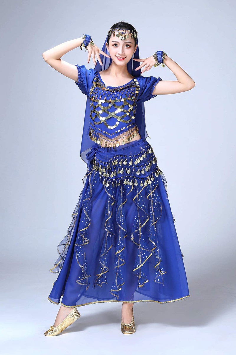 ORIDOOR Women Belly Dance Dress Indian Bollywood Halloween Costume Chiffon Skirts Shiny Belly Dance Suits 5-Piece Outfit, 004 Royal Blue, One Size - Image 3